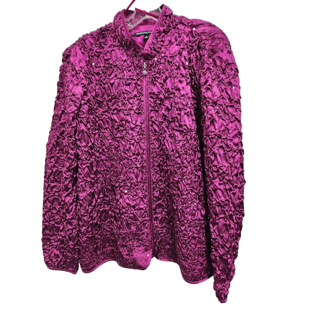 Adressing Woman Womens Jacket Size 1X Fuchsia Zip Up Crinkled Sequined Artsy